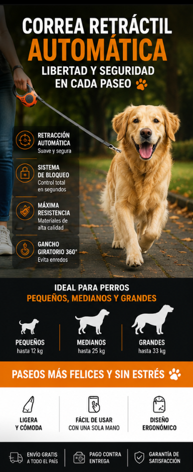 Correa Retráctil Automática para Perros | Freno y Bloqueo de Seguridad